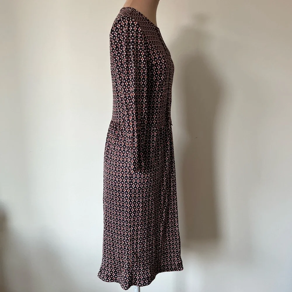Tory Burch Three Quarter Sleeve Navy Blue Red Floral Printed Silk Dress EUC XS
